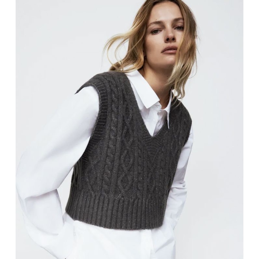 Zara Cable Knit Oversized Sweater Vest Medium Gray Blogger Favorite Wool…